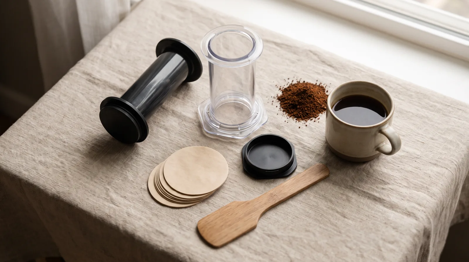 Części AeroPressu, filtry papierowe, mieszadełko i kubek kawy na lnianym obrusie