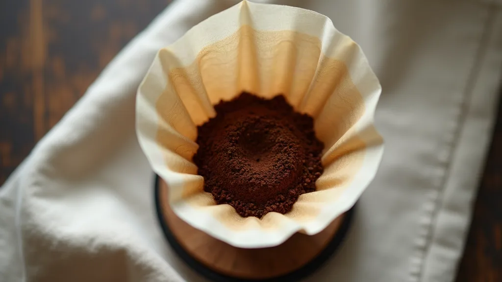 Dripper V60 z papierowym filtrem i zmieloną kawą, widok z góry